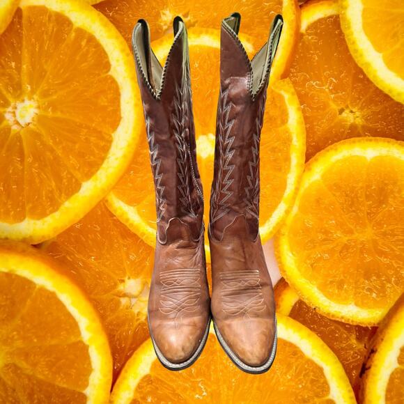 Texas USA Made Cowboy Boots Tan with Design Size 10M - Picture 3 of 6